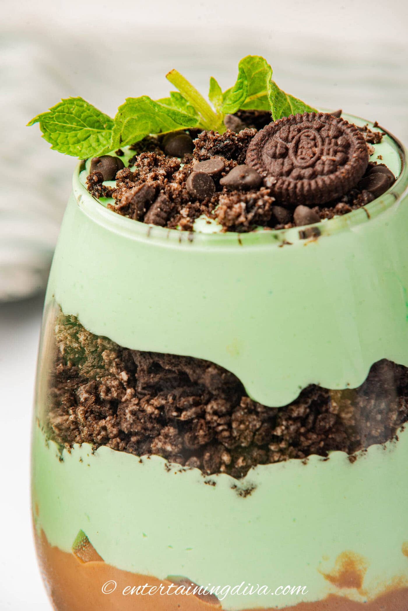 Close up of the chocolate and green layers in a St Patrick's Day parfait