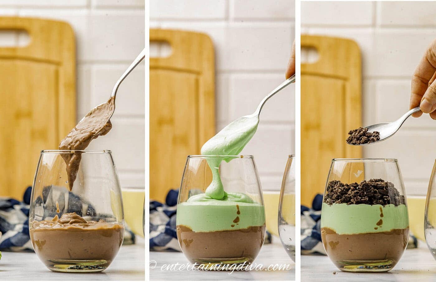Chocolate pudding, green cool whip and Oreo cookies being added to a parfait glass