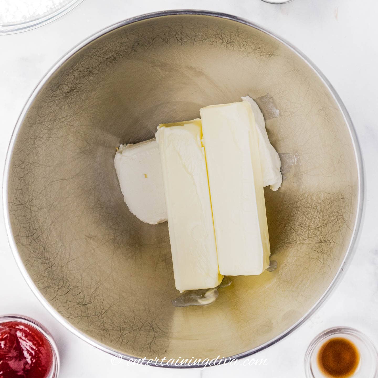 butter and cream cheese in a mixing bowl