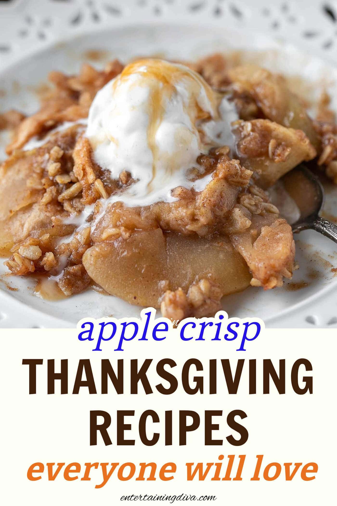 apple crisp with ice cream on a white plate