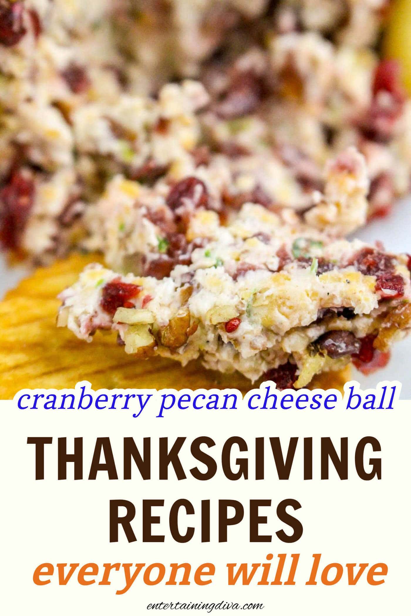 cranberry pecan cheese ball on a cracker