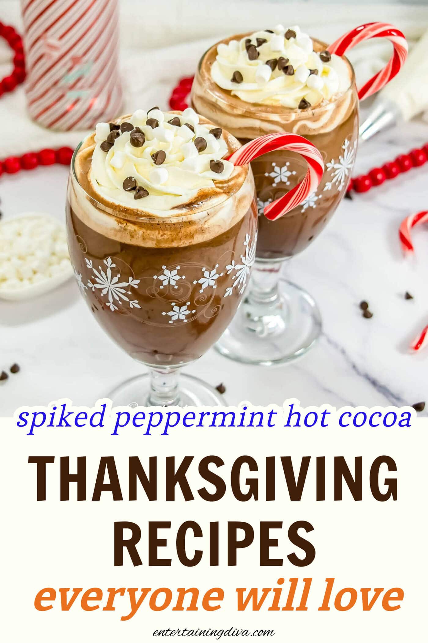 Close up of spiked peppermint hot cocoa in a clear glass