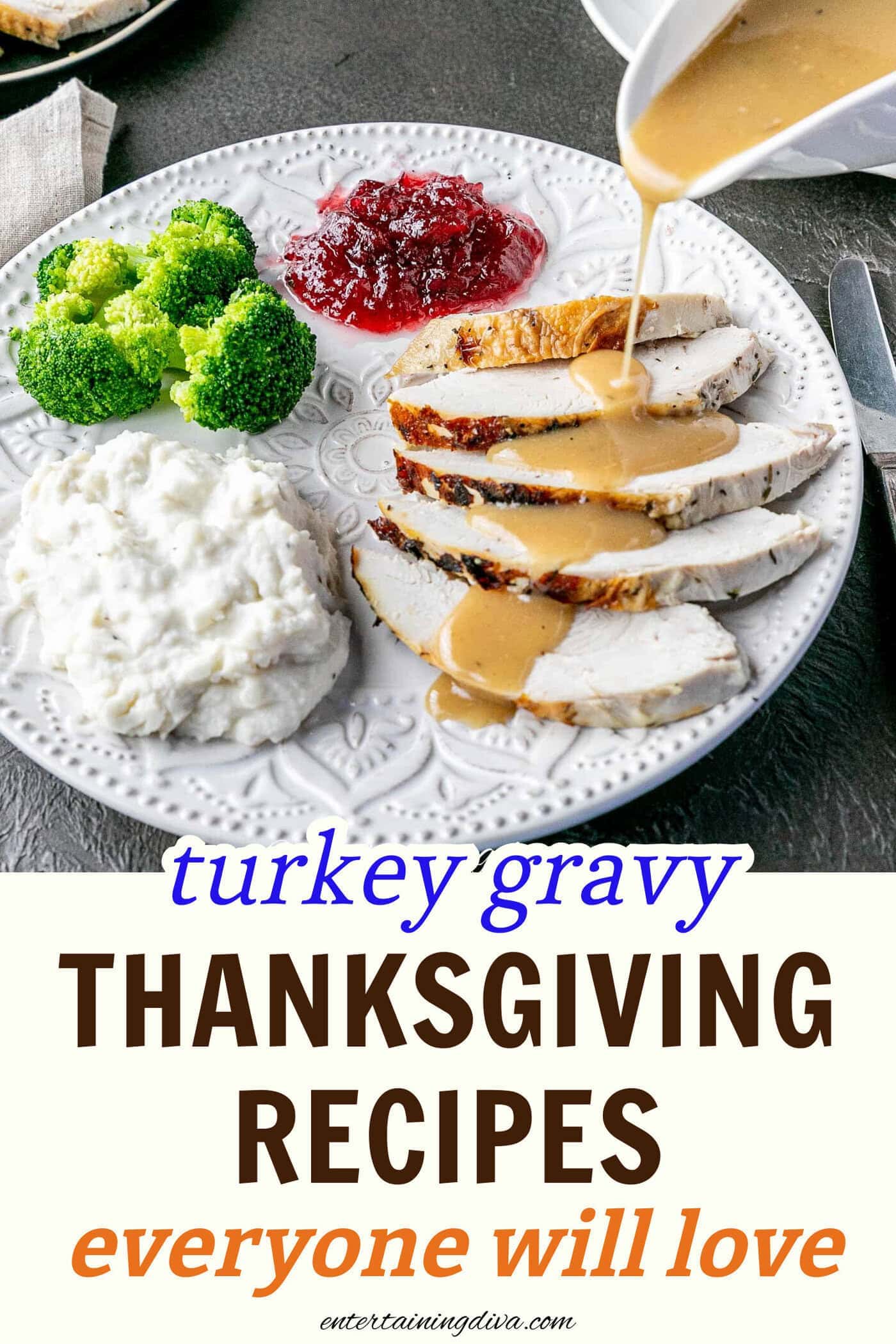turkey gravy being poured over slices of turkey