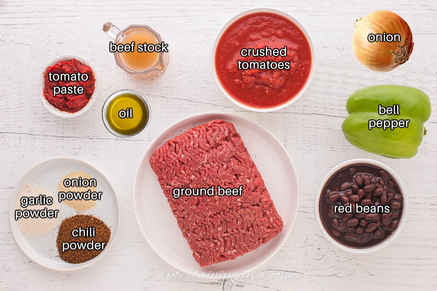 thick chili ingredients - ground beef, crushed tomatoes, onion, bell pepper, red beans, tomato paste, beef stock, oil, onion powder, garlic powder, and chili powder
