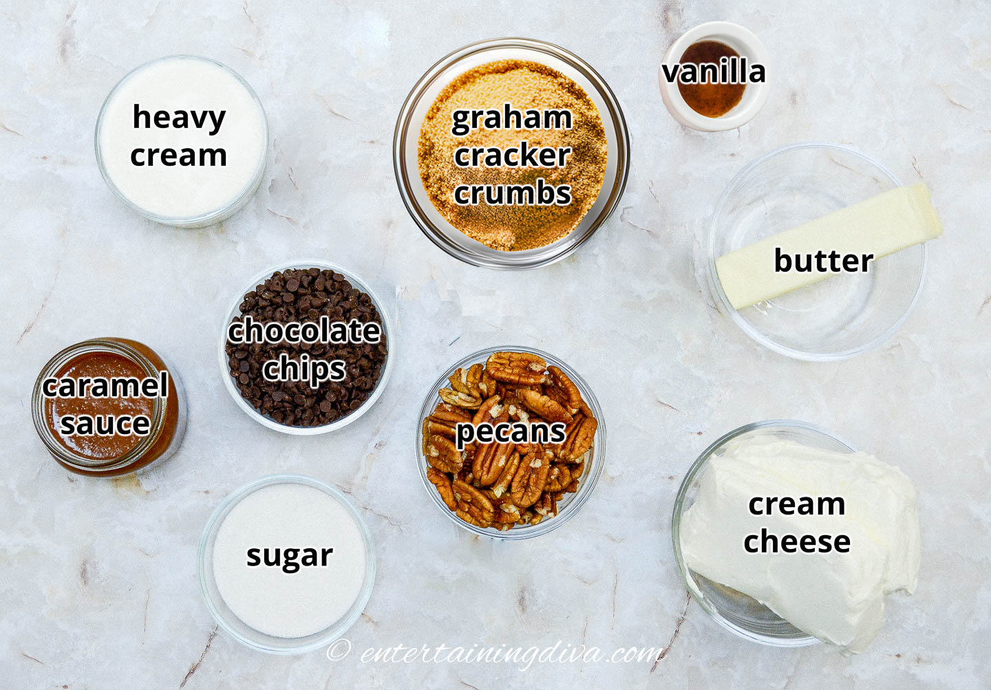 The ingredients for mini turtle cheesecakes