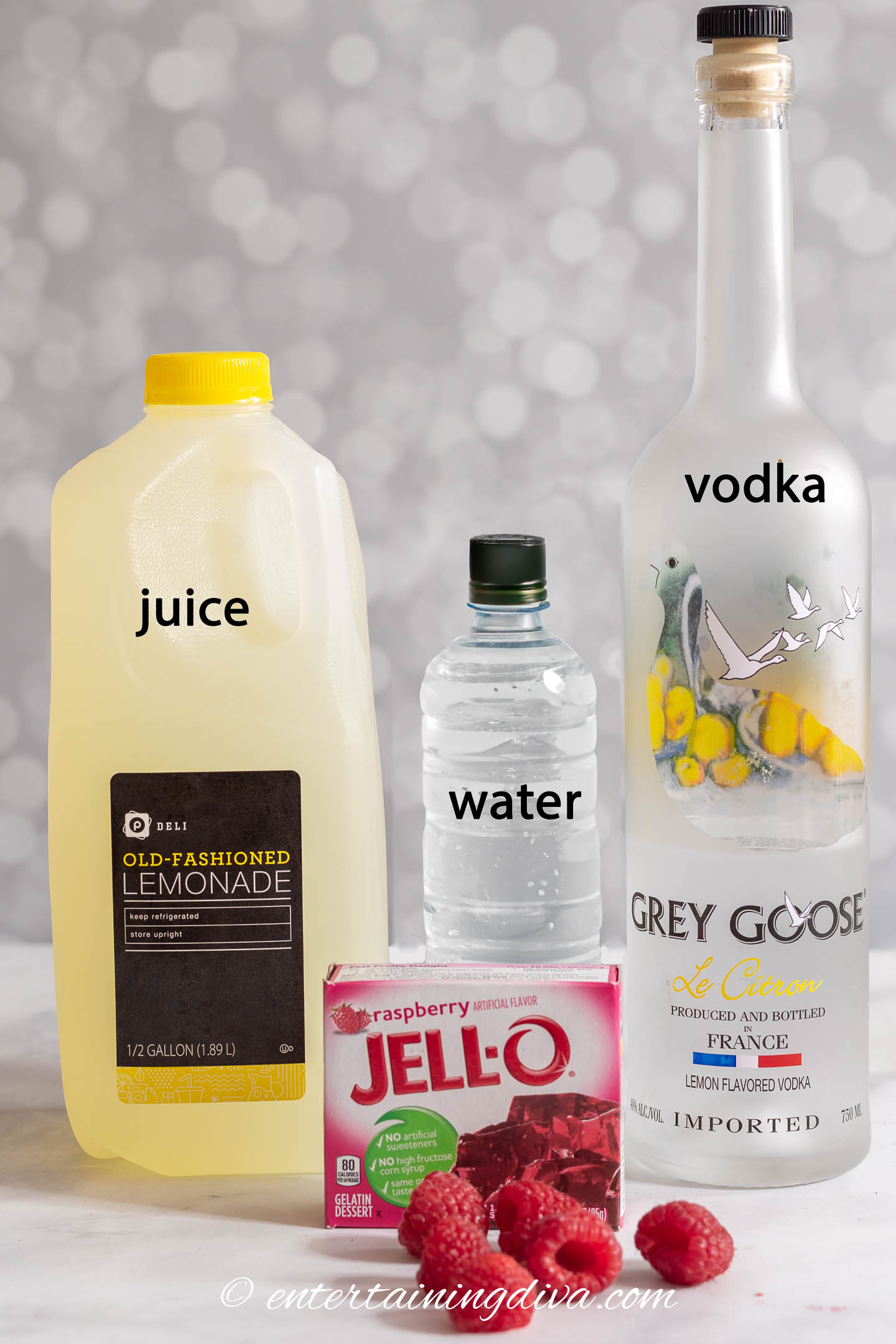 vodka Jello shots ingredients - jello, vodka, juice, and water