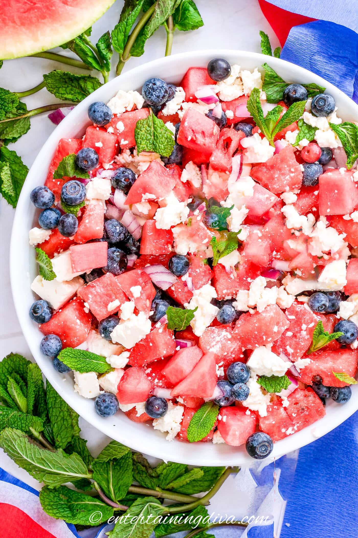 overhead of watermelon feta salad in a bowl