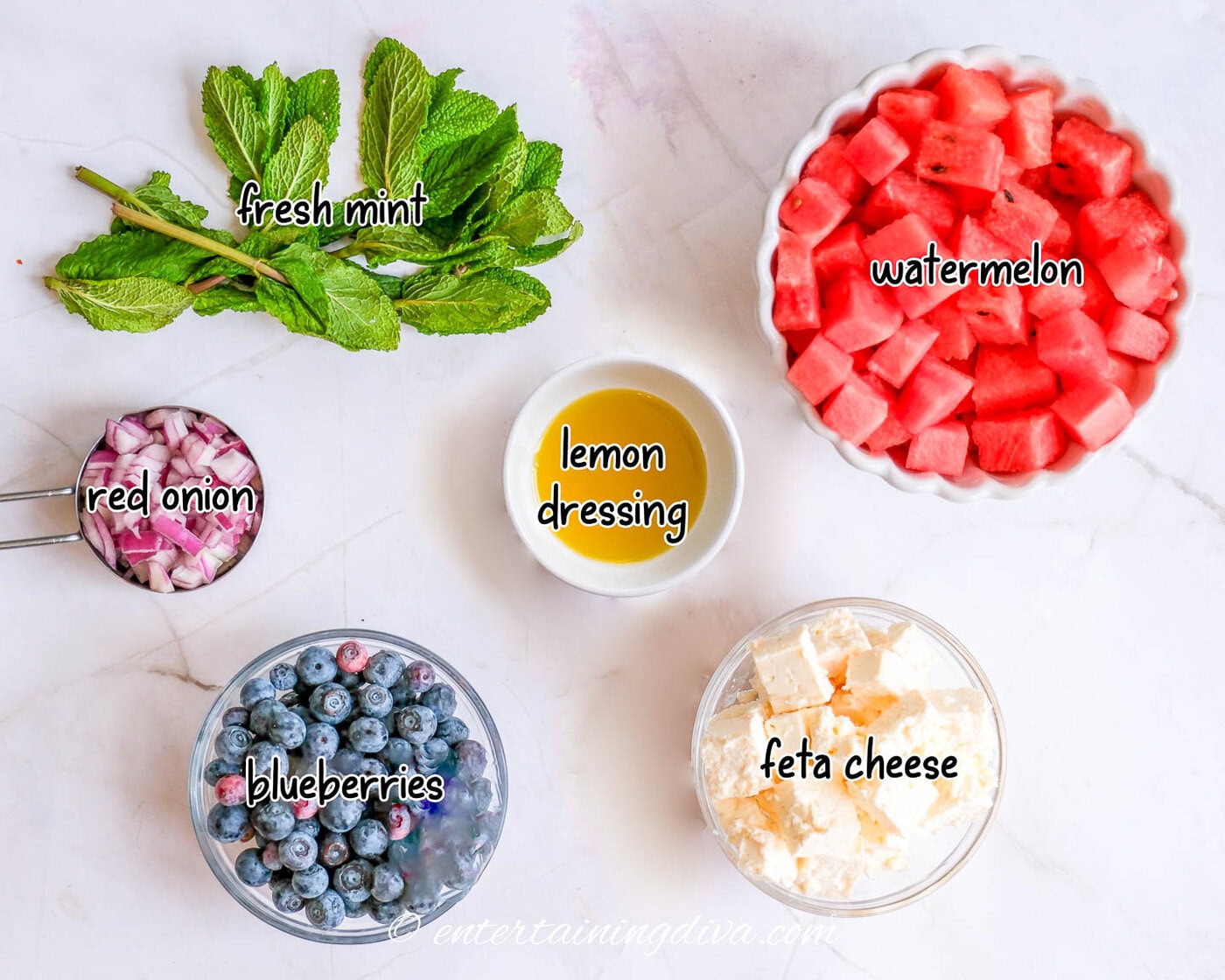 watermelon feta salad ingredients - watermelon, feta cheese, blueberries, red onion, mint and lemon dressing