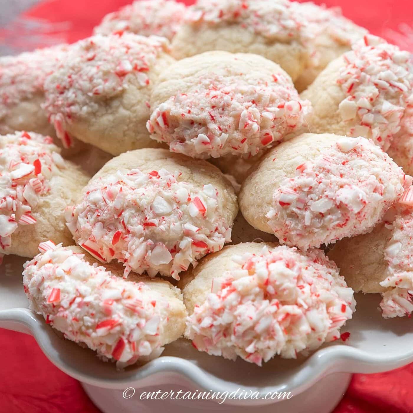 whipped shortbread cookies dipped in white chocolate and crushed candy canes