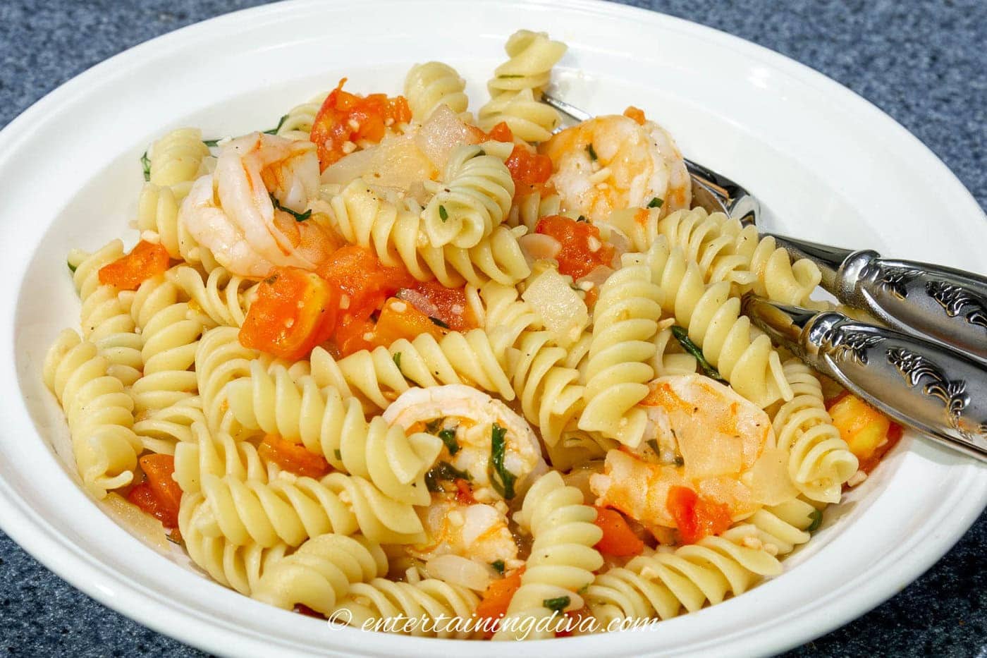 close up of shrimp rotini in a bowl