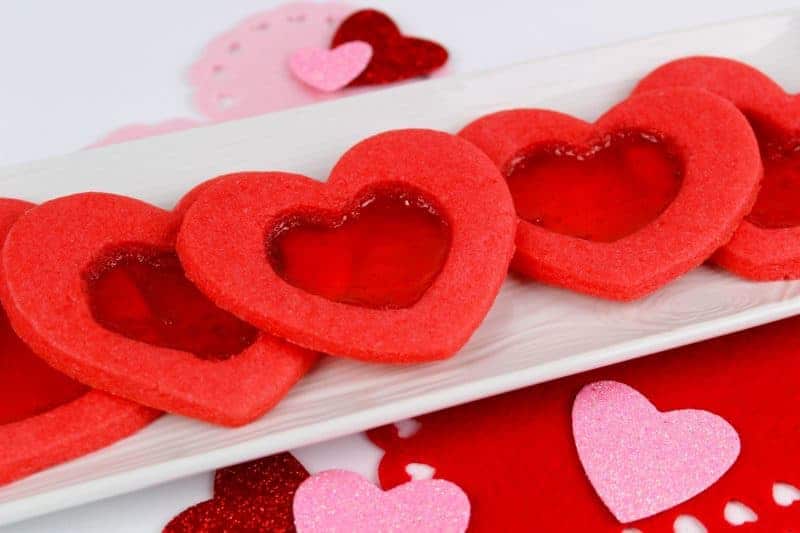 Red heart-shaped stained glass cookies