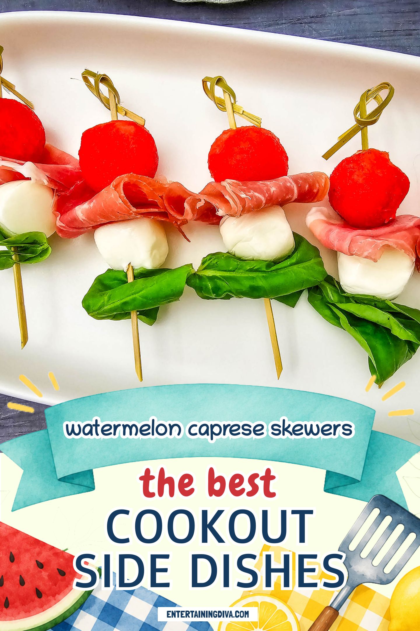 Skewers with mozzarella balls, basil leaves, prosciutto slices, and cherry tomato balls arranged on a white plate.