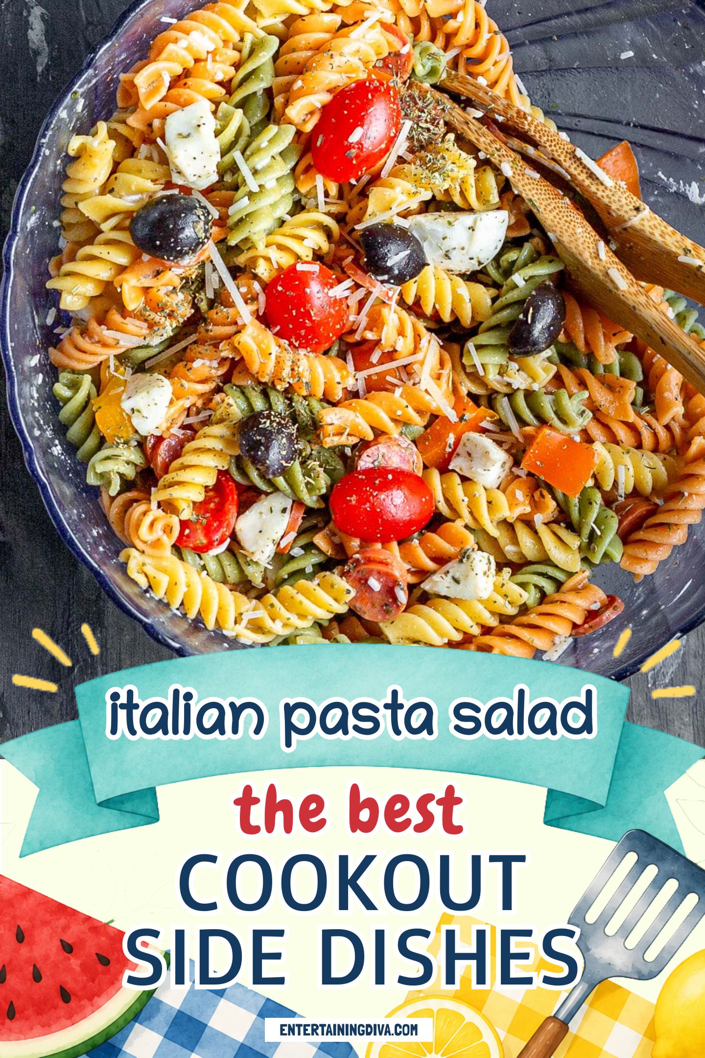 Close up of Italian pasta salad in a bowl with serving spoons