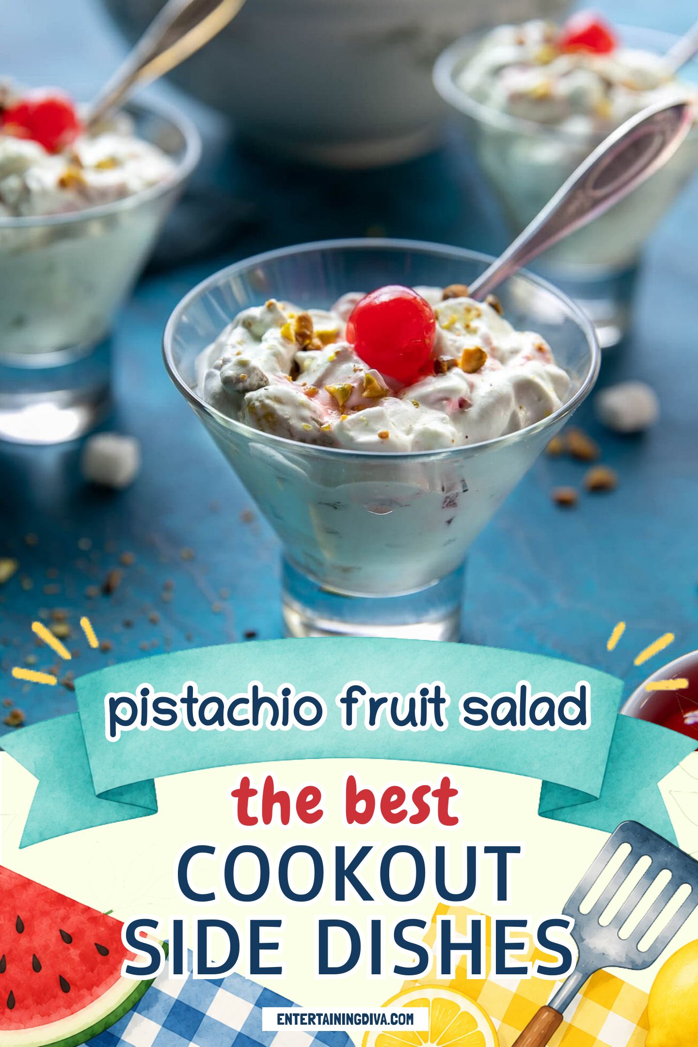 pistachio fruit salad with one cherry and spoon