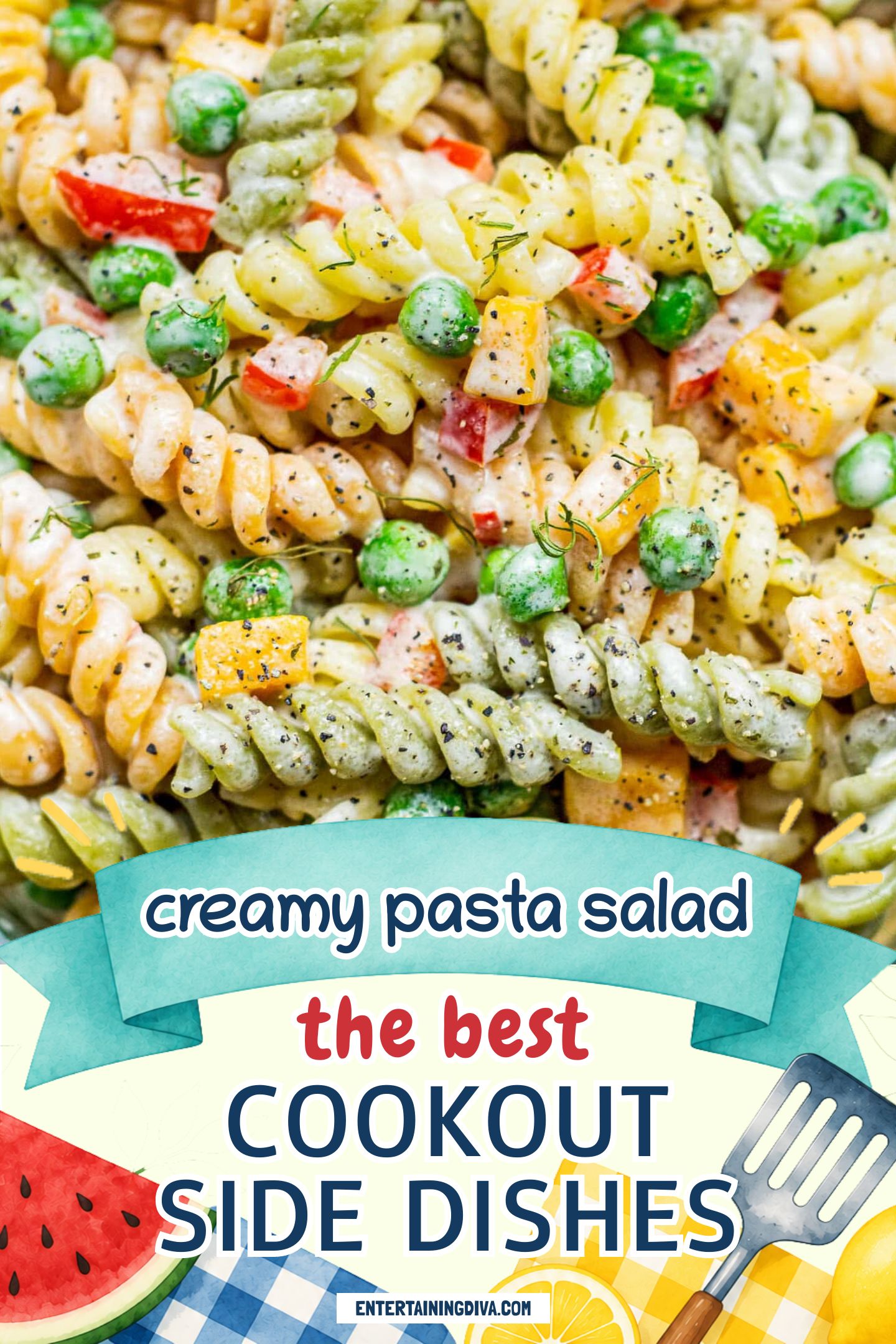 close up of creamy pasta salad with peas and bell peppers