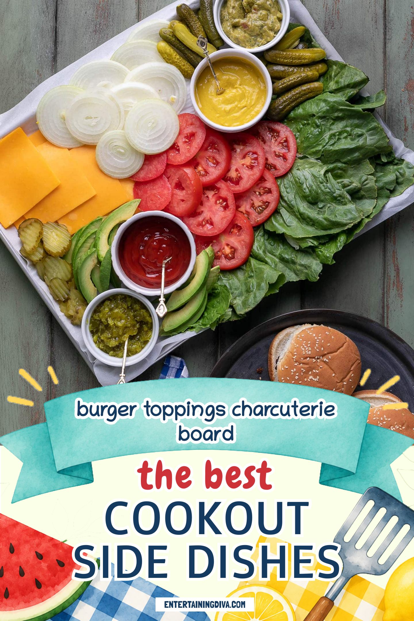 burger toppings charcuterie board beside a plate of hamburgers