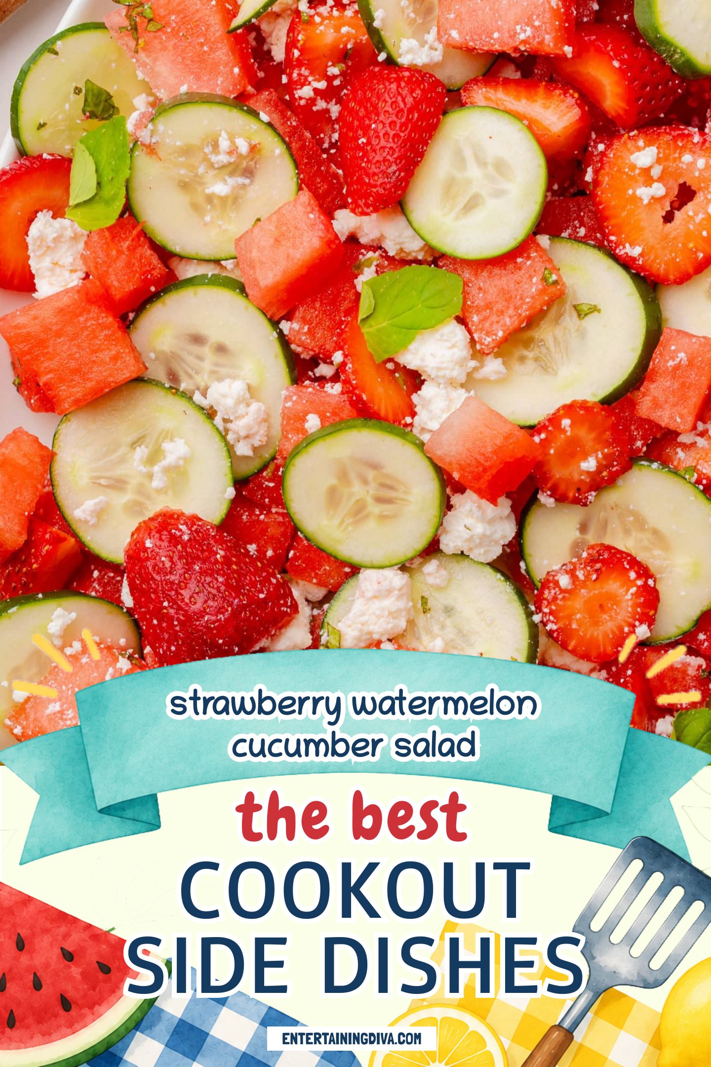 A close up of strawberry watermelon cucumber salad