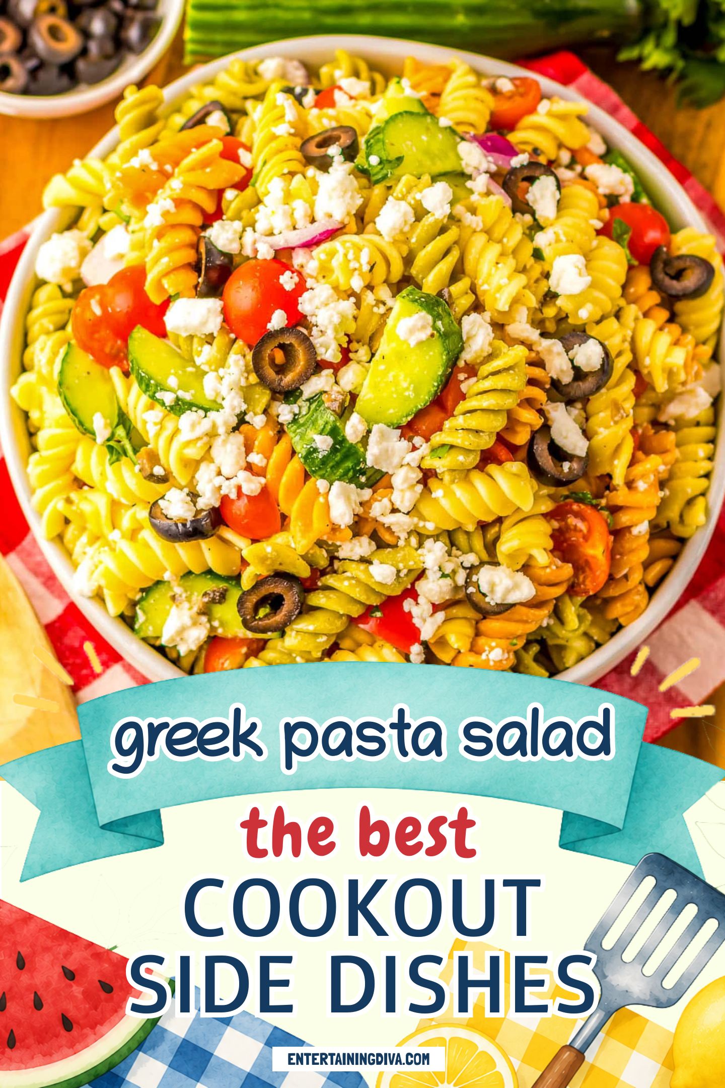 overhead view of a bowl of Greek pasta salad with feta cheese and olives
