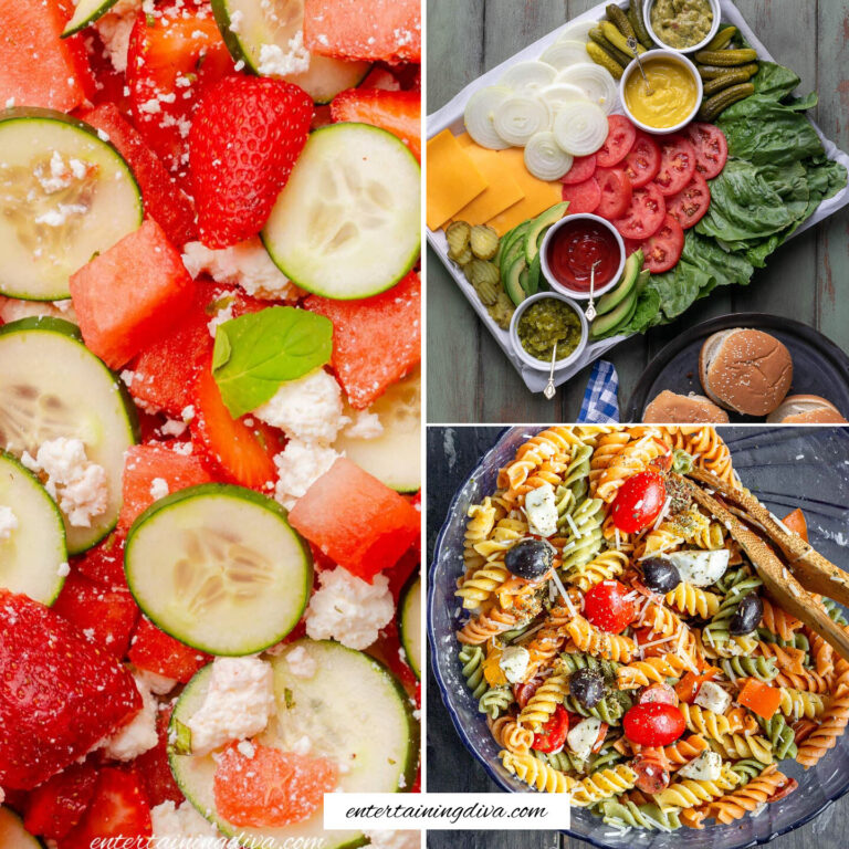 Collage of three summer dishes: cucumber watermelon salad with feta, burger ingredients platter, and a bowl of pasta salad with vegetables.