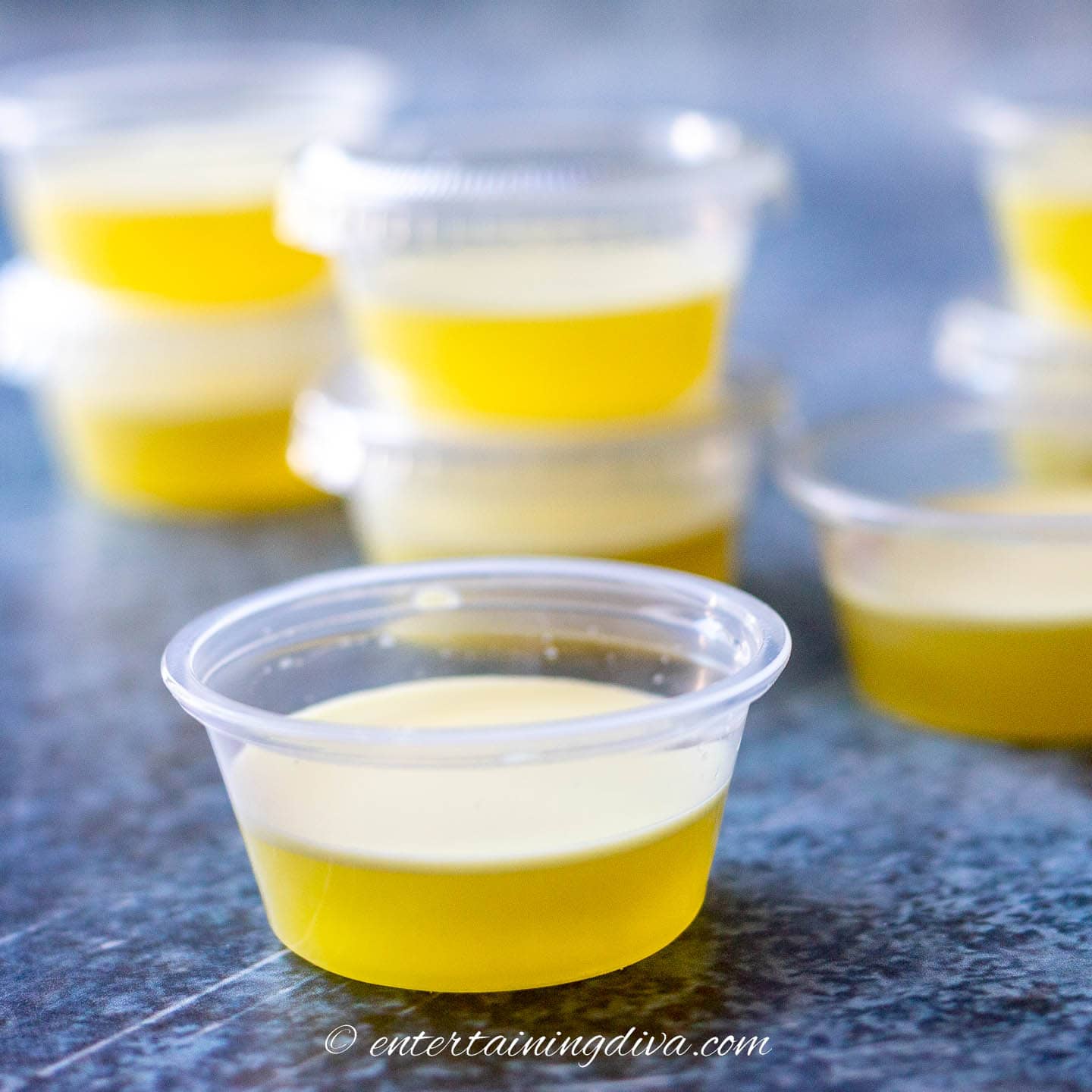 Close up of creamy piña colada jello shots