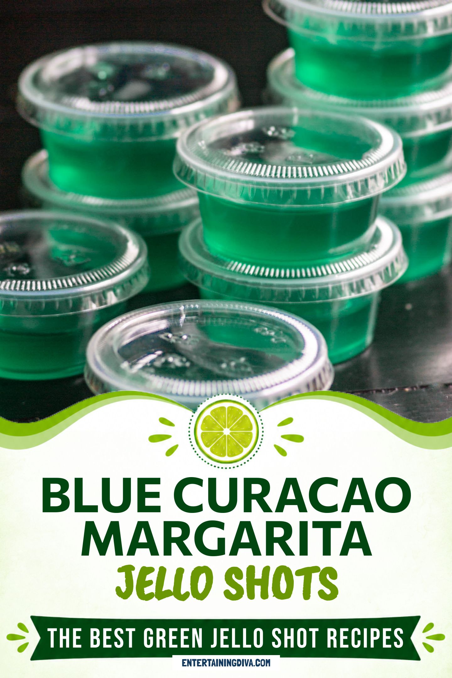 A stack of dark green jello shots made from blue curacao and tequila