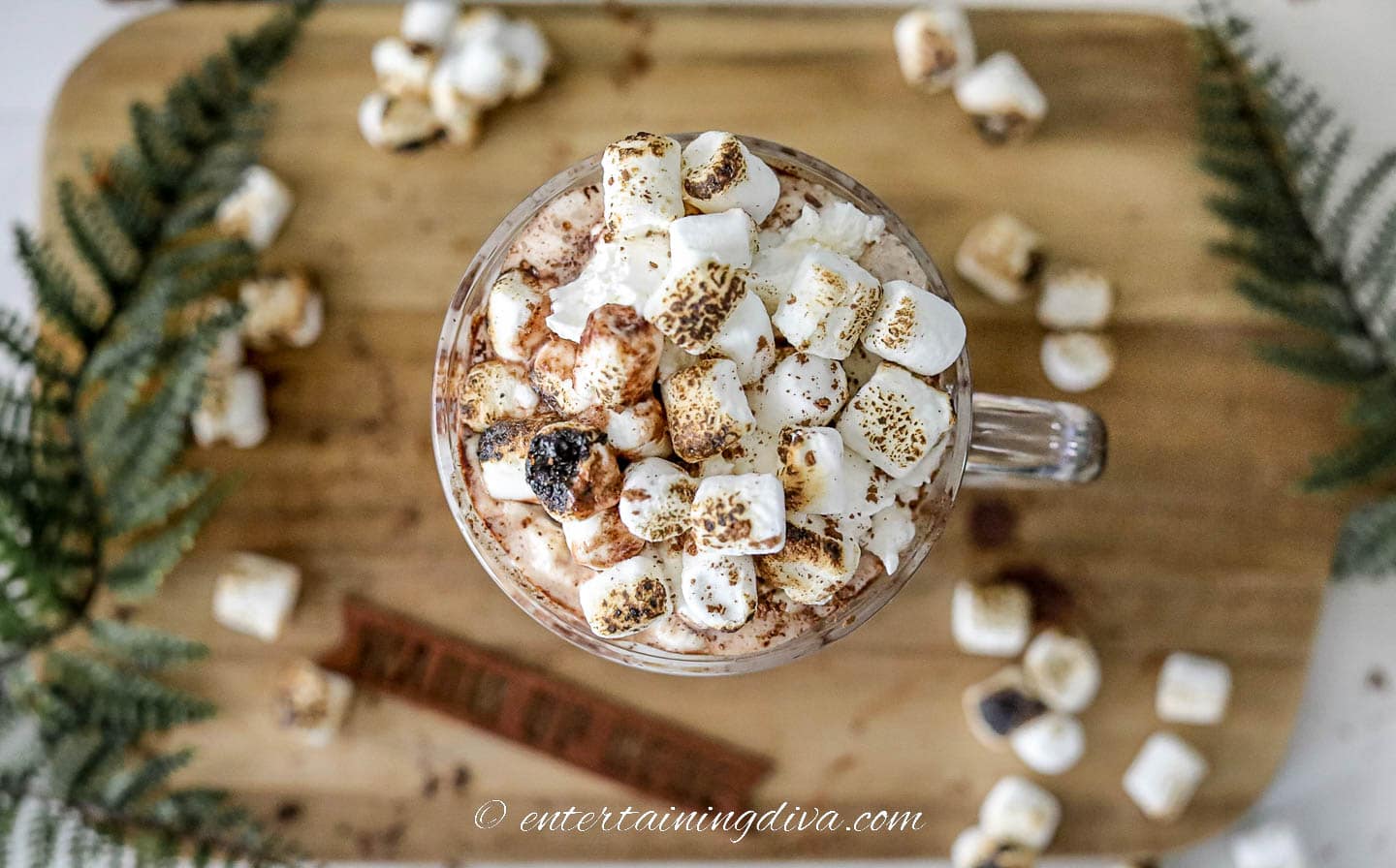 Top view of toasted marshmallows on a cup of hot chocolate