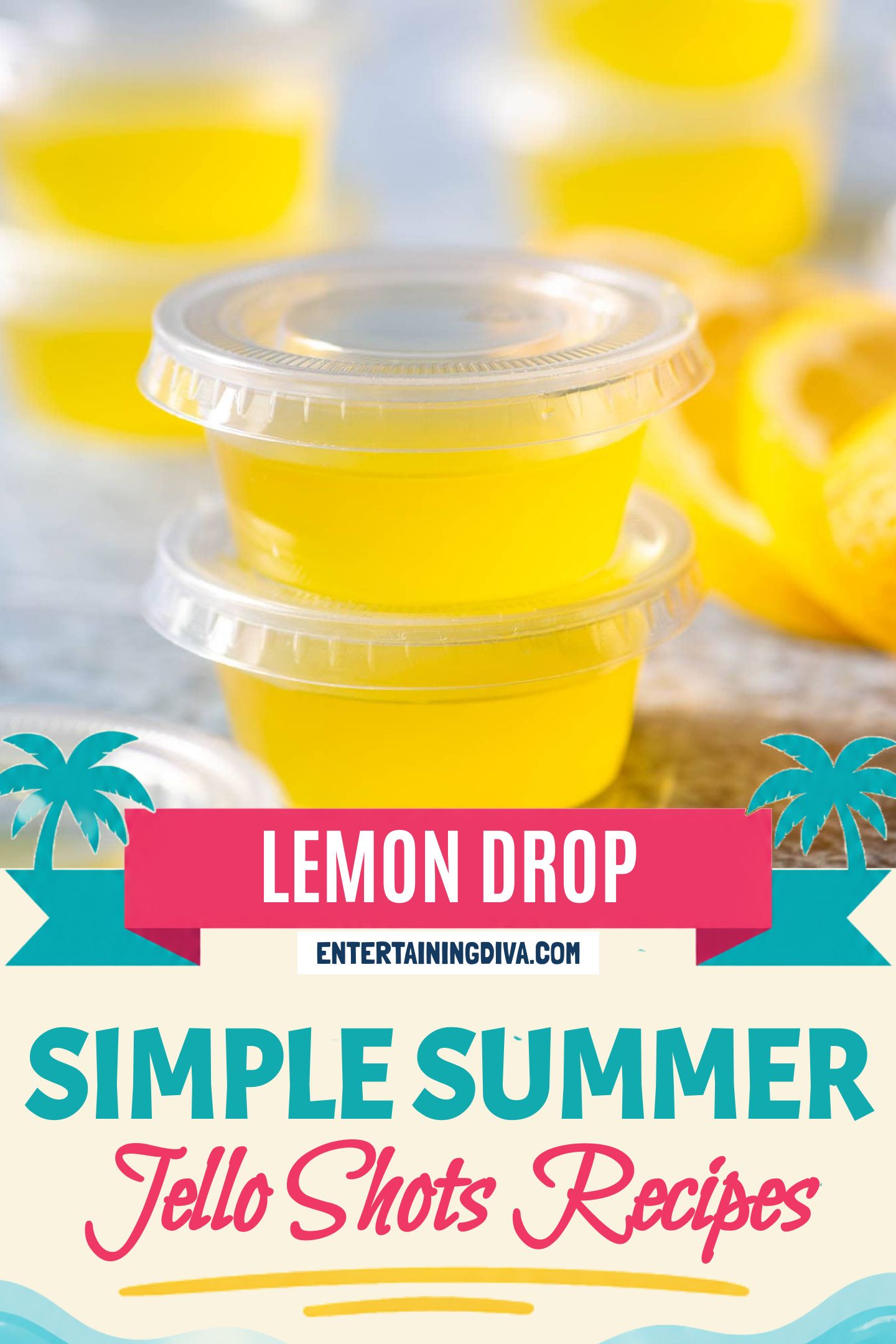 a stack of lemon drop jello shots in shot cups with lids