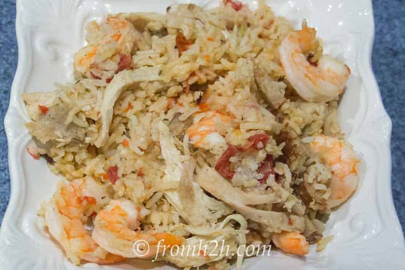 shrimp, chicken and sausage jambalaya on a plate