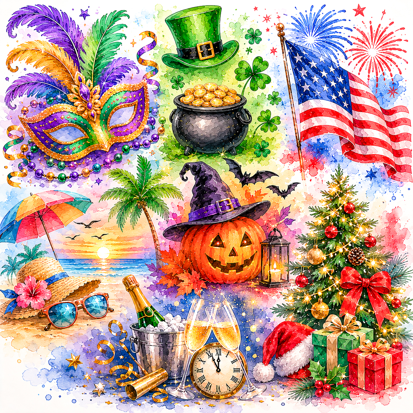watercolor illustration of multiple holidays
