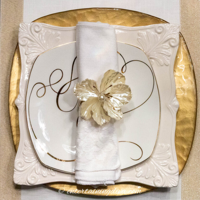 gold and white place setting