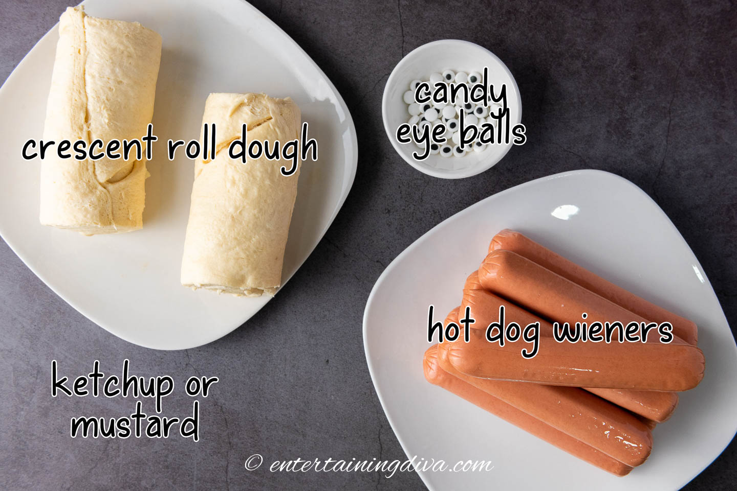Halloween mummy dogs ingredients - crescent roll dough, hot dog weiners and candy eye balls