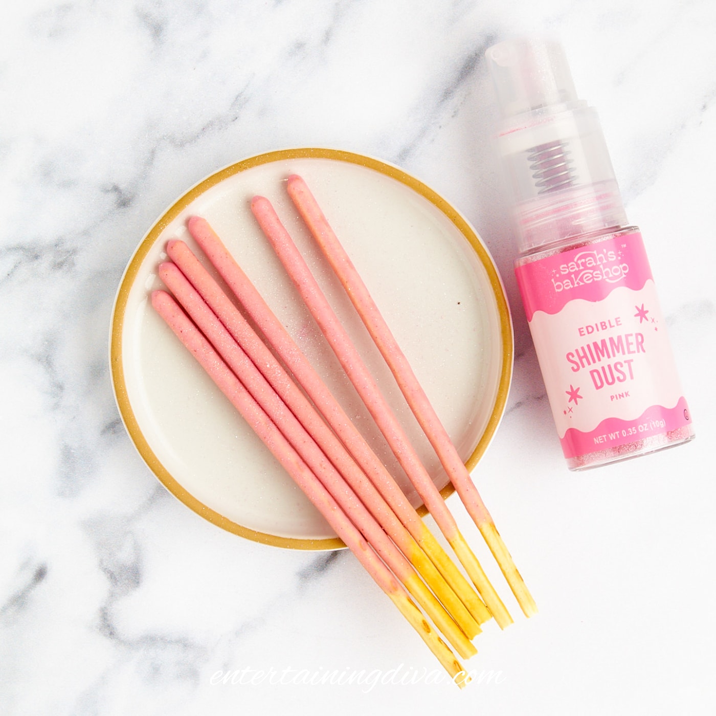 Strawberry Pocky sticks coated with edible pink shimmer