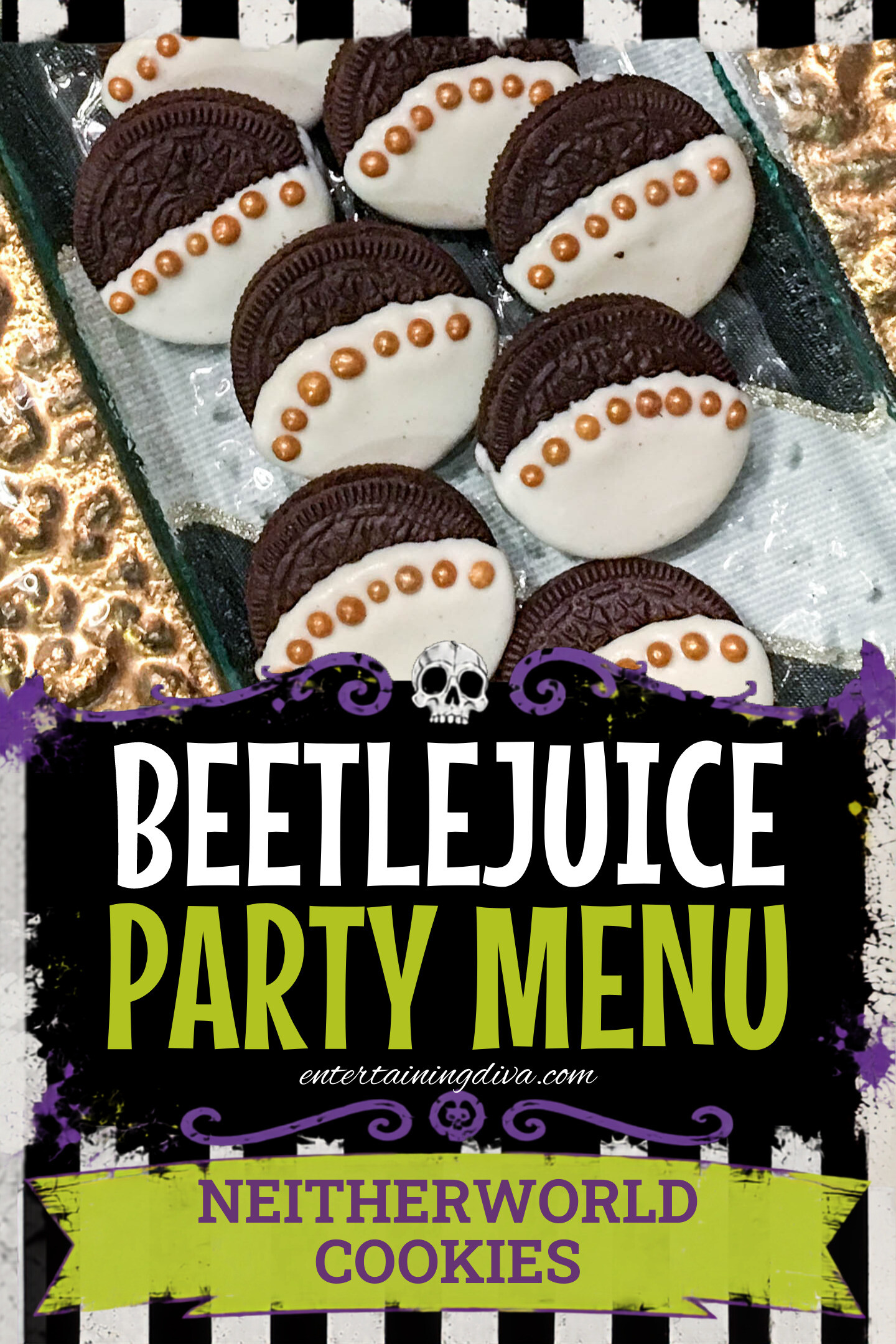 white chocolate covered Oreos with gold sugar ball trim
