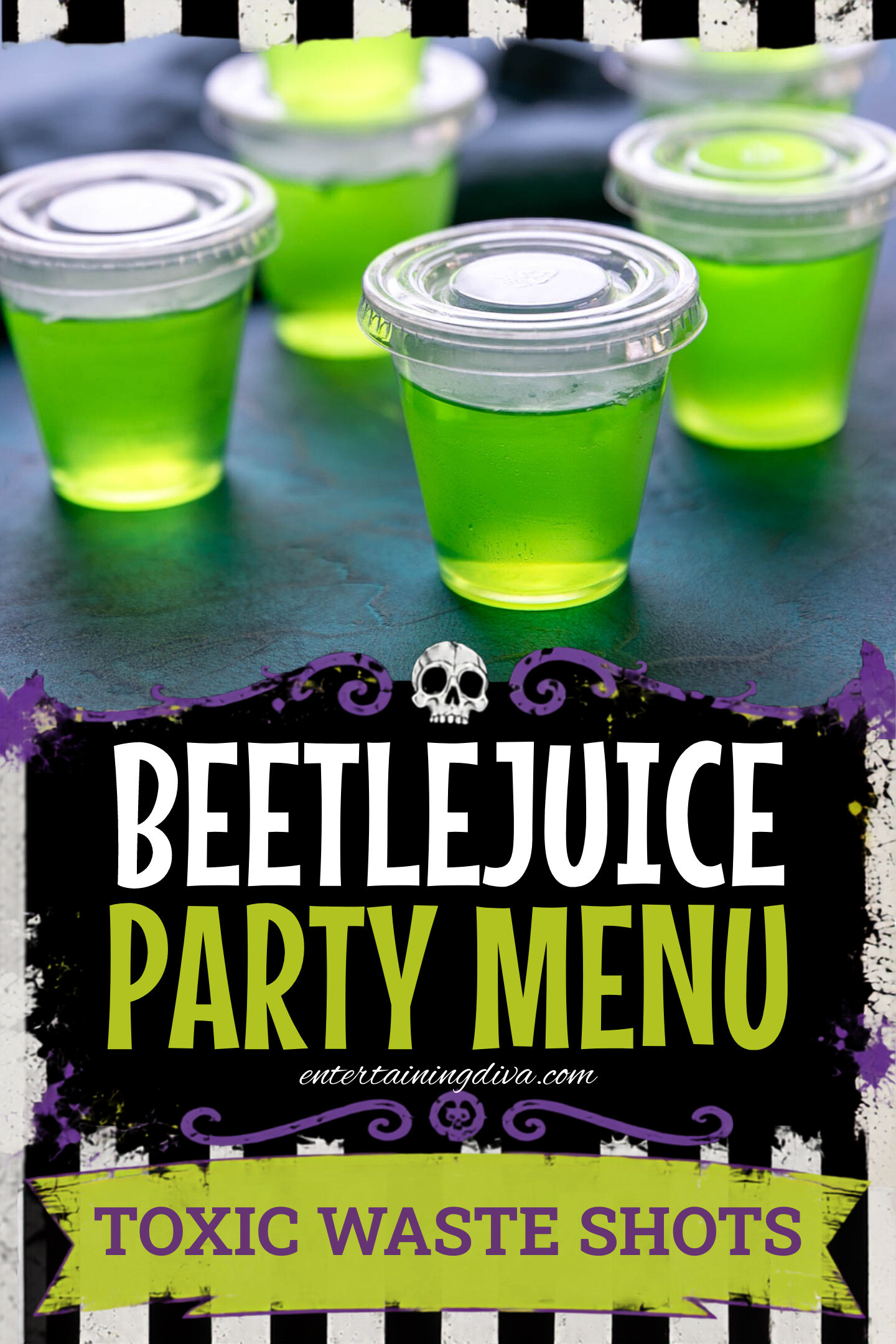 Five small clear plastic cups with lids are filled with bright green gelatin and arranged on a blue surface.