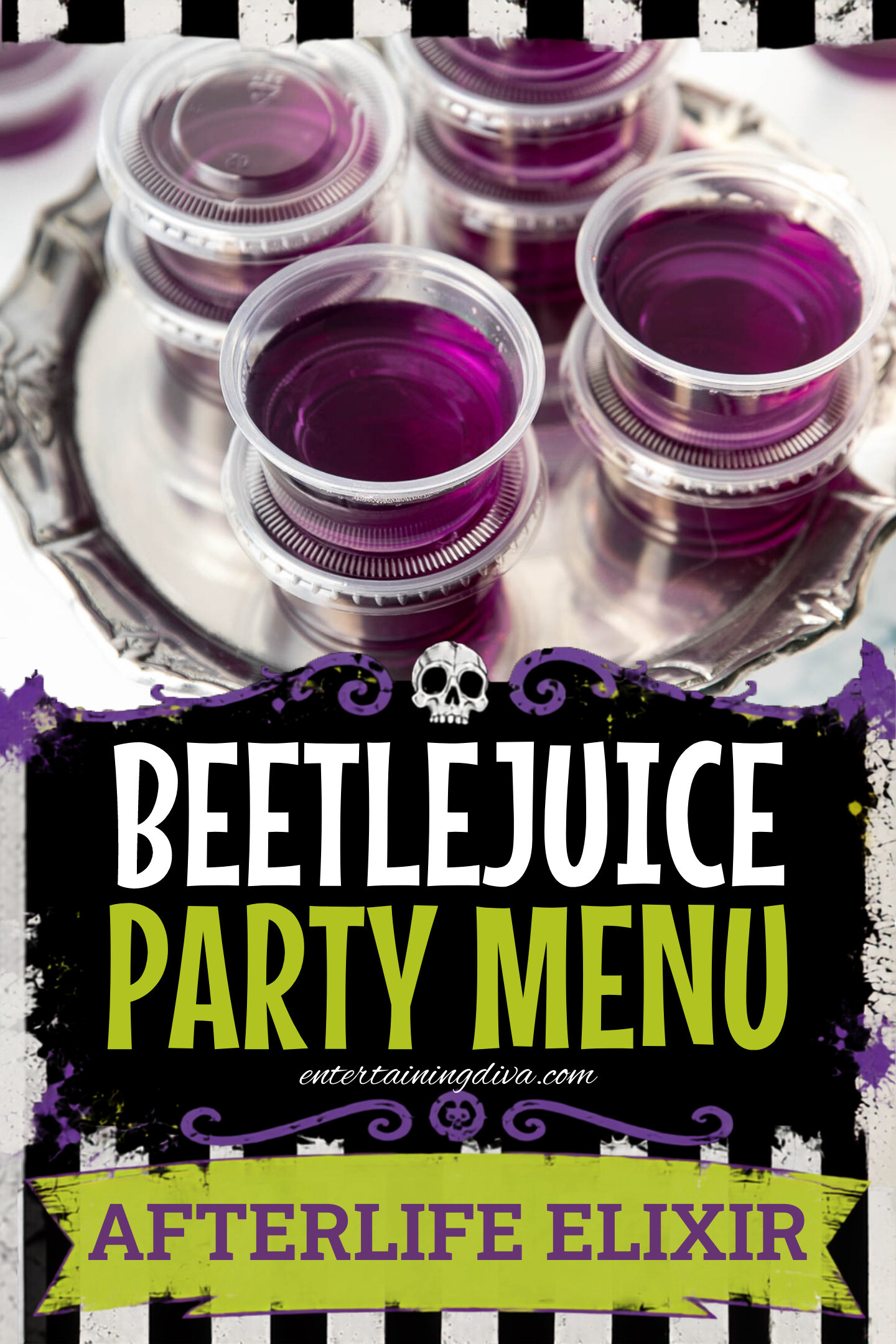Small clear plastic cups filled with purple liquid are stacked on an ornate silver tray.