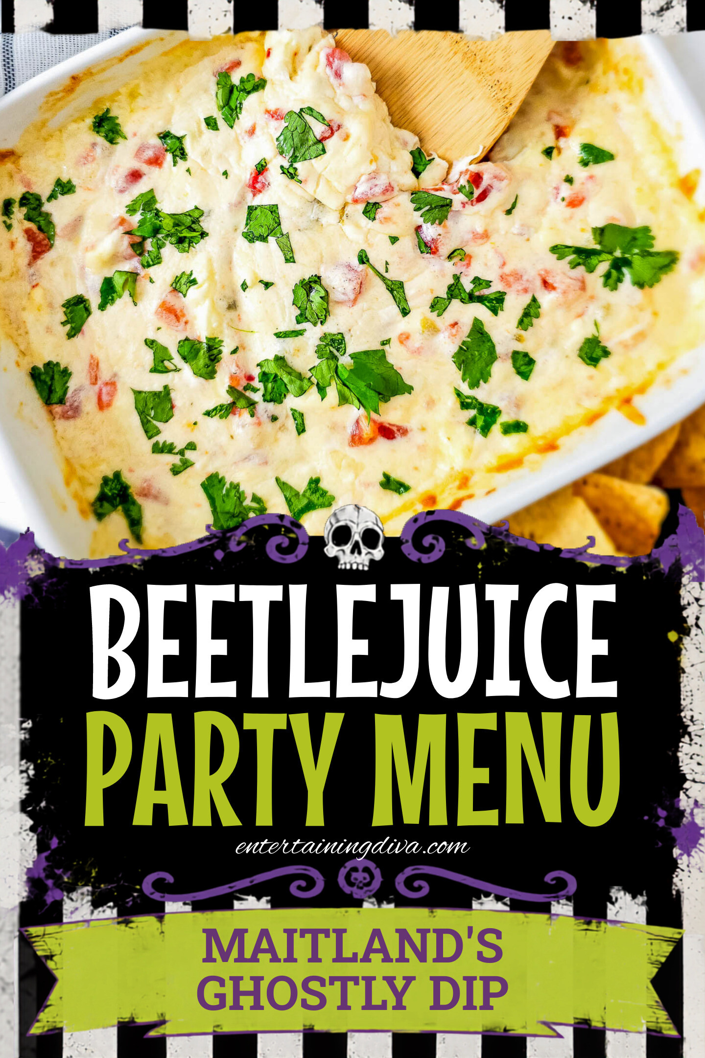 A baking dish of creamy cheese dip with diced tomatoes, topped with chopped cilantro, next to tortilla chips and a wooden spatula.