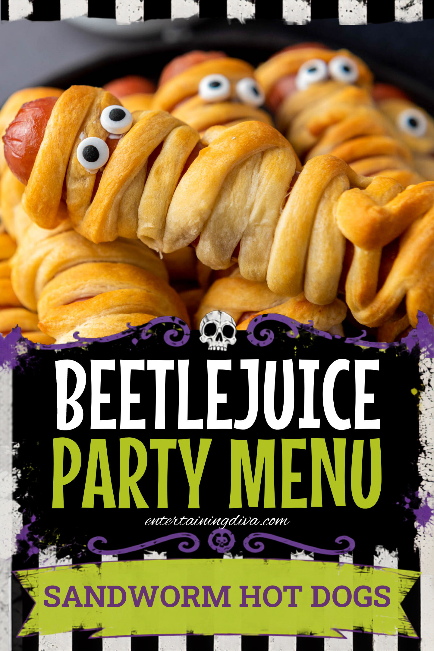 Hot dogs wrapped in crescent dough to look like mummies, decorated with candy eyes, arranged on a plate.