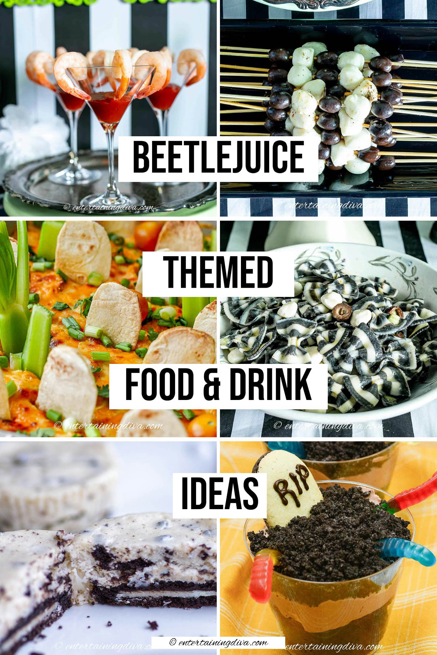 A collage of 6 recipes images and the text "Beetlejuice themed food & drink ideas" over the top