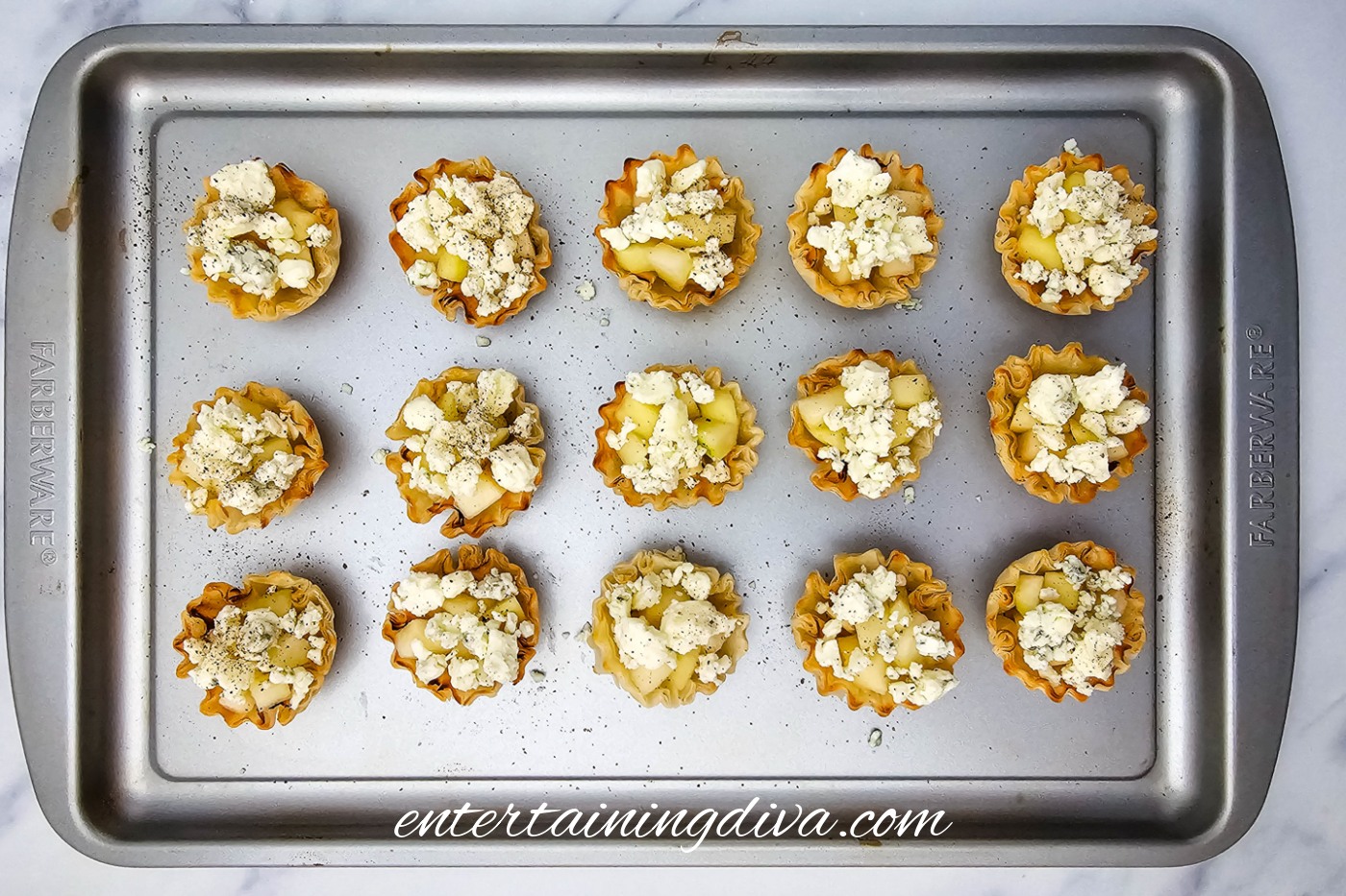 Pear and blue cheese filling in mini phyllo shells