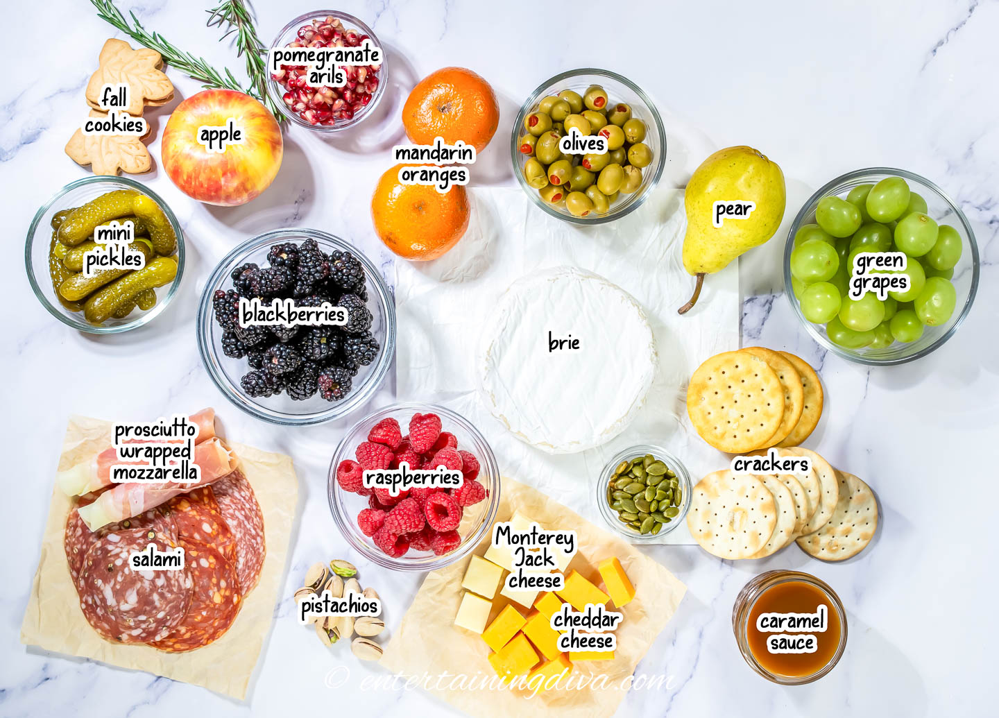 the meats, cheeses, fruit, nuts and olives for a fall charcuterie board