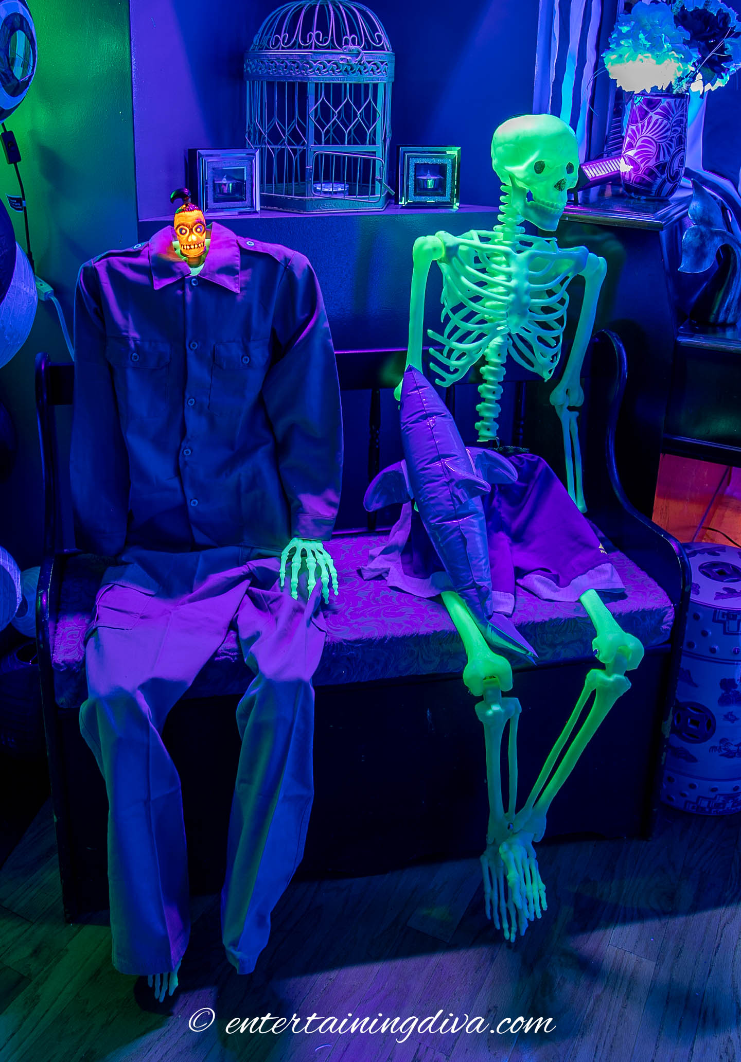 Glow-in-the-dark skeletons dressed like the Beetlejuice waiting room guests