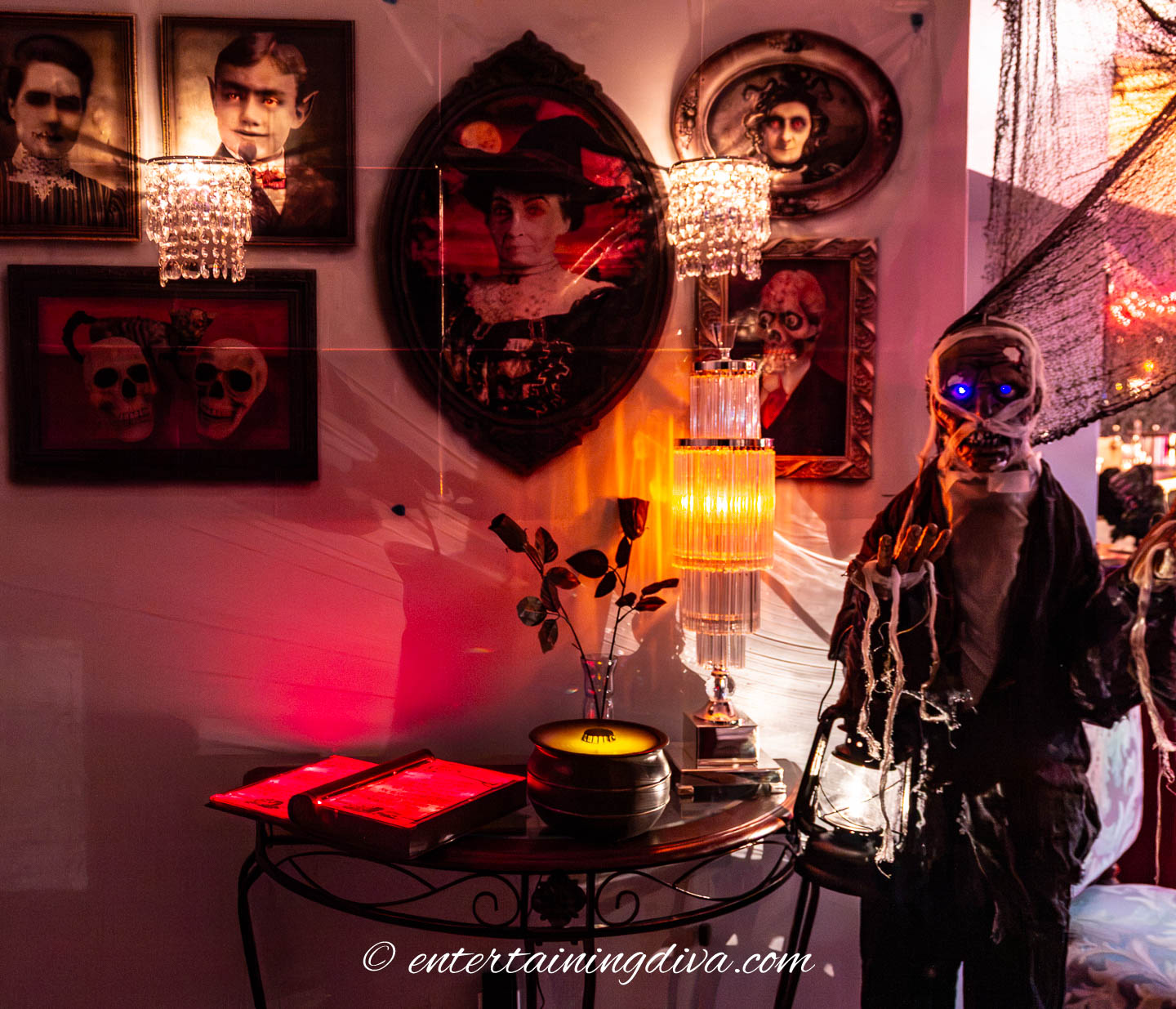 Various Halloween props with orange and blue lights