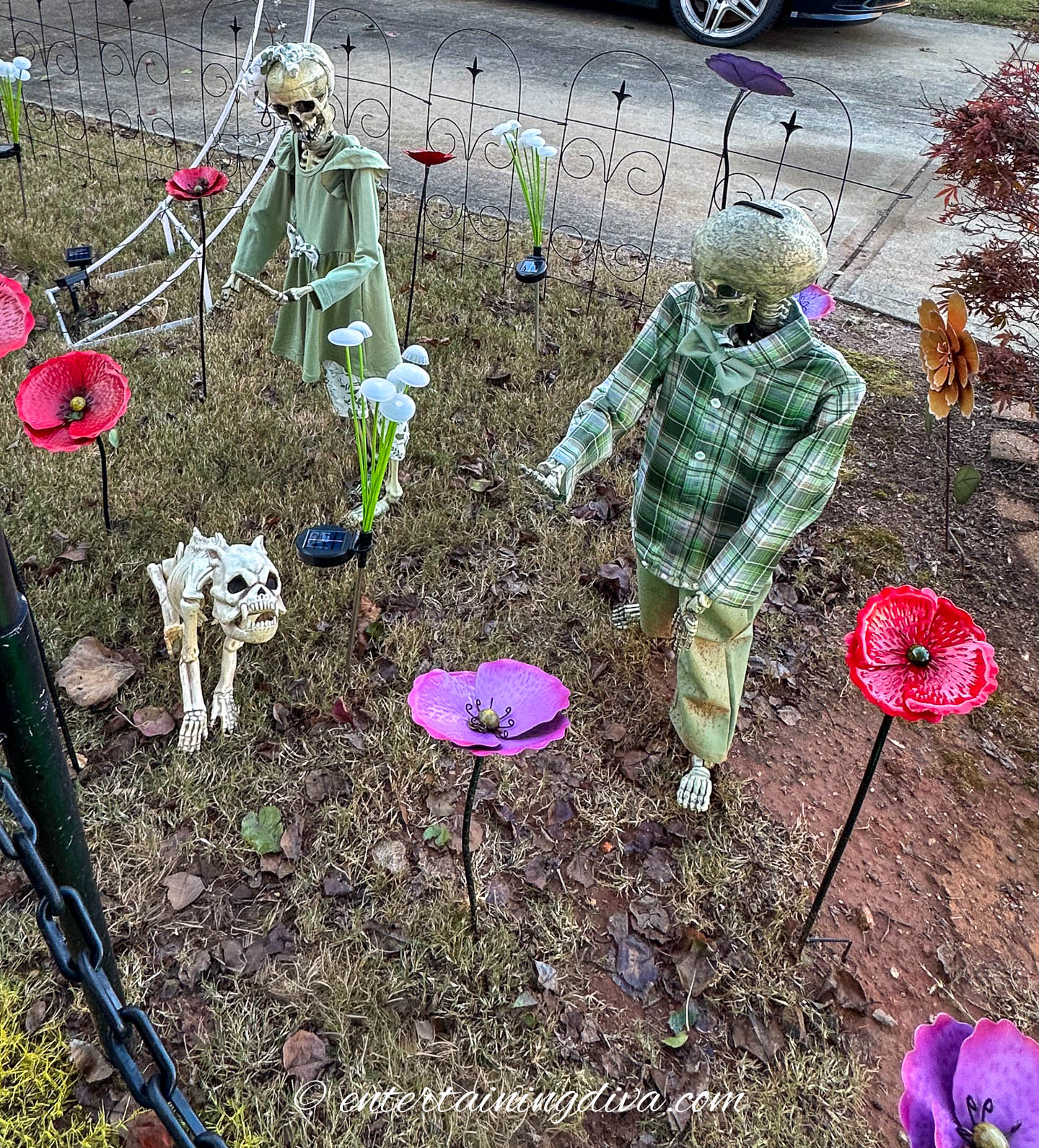 Two skeleton figures and a skeleton dog are set up in a yard decorated with artificial flowers and a wire fence, suggesting a Halloween scene.