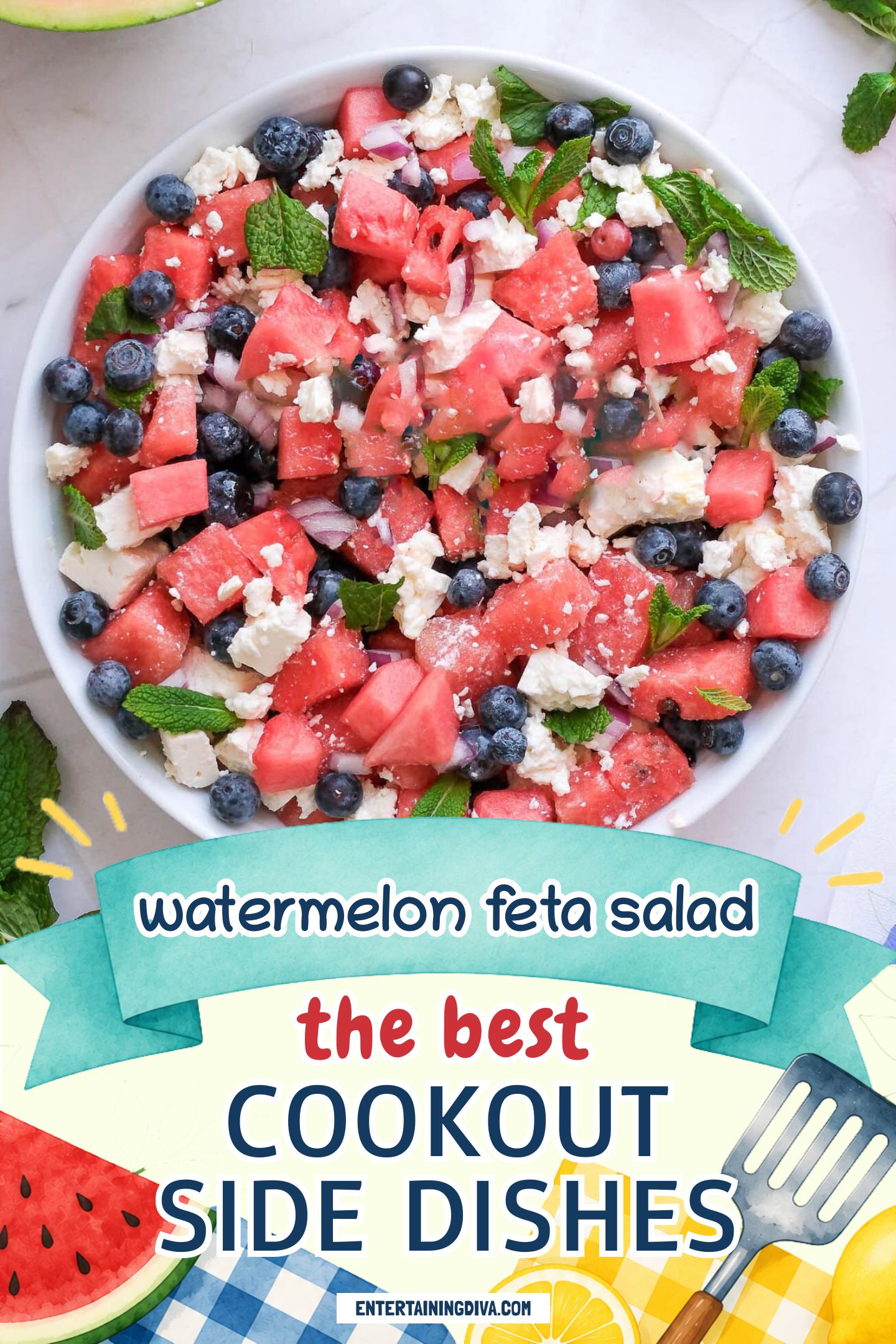 overhead of watermelon feta salad in a bowl