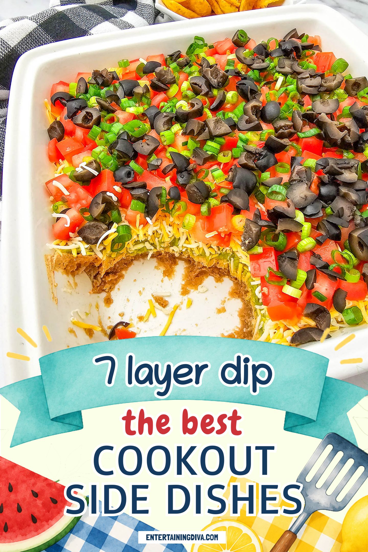 A casserole dish of seven-layer dip topped with chopped tomatoes, black olives, and green onions, with a portion scooped out from one corner.