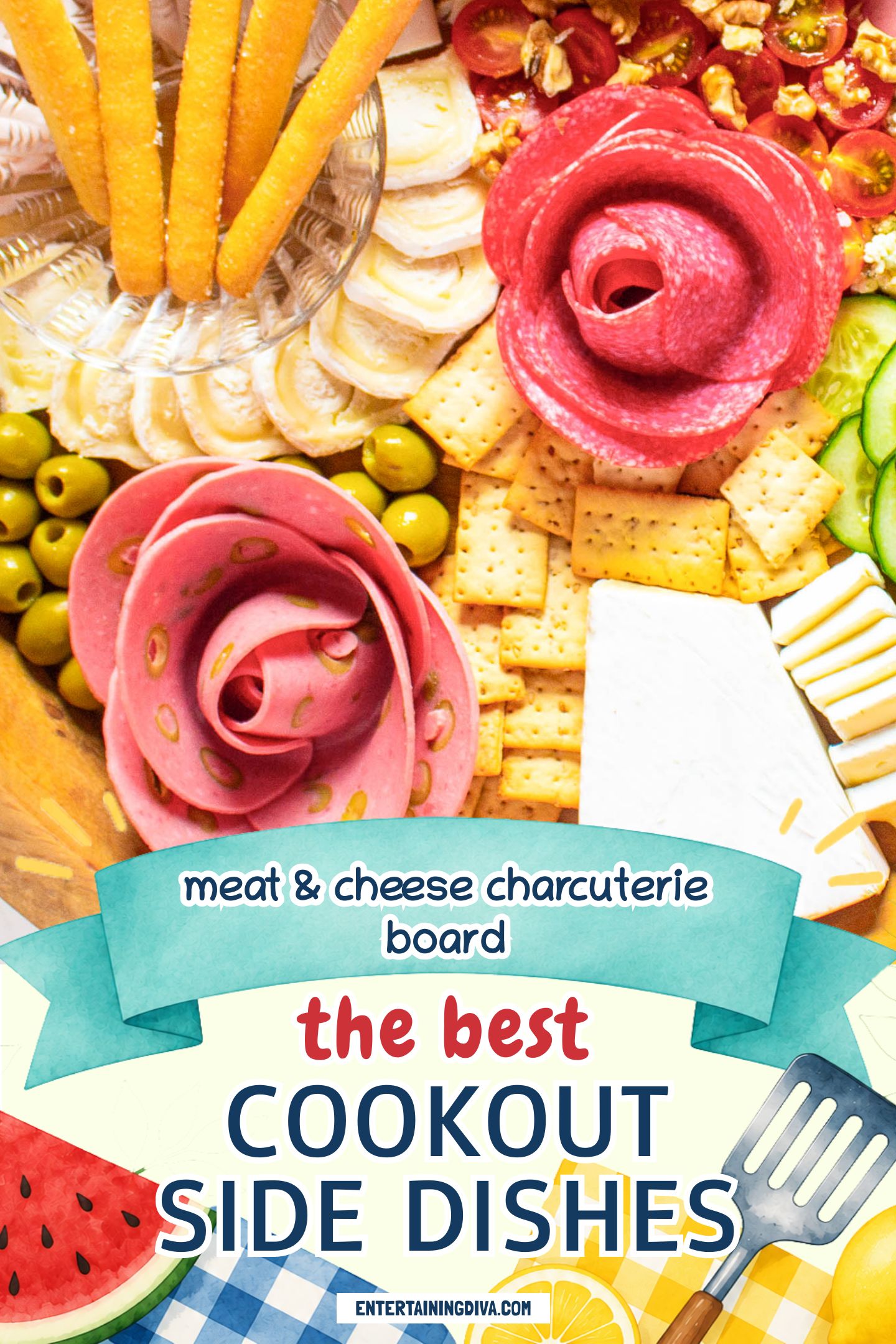 Charcuterie board with sliced meat shaped like roses