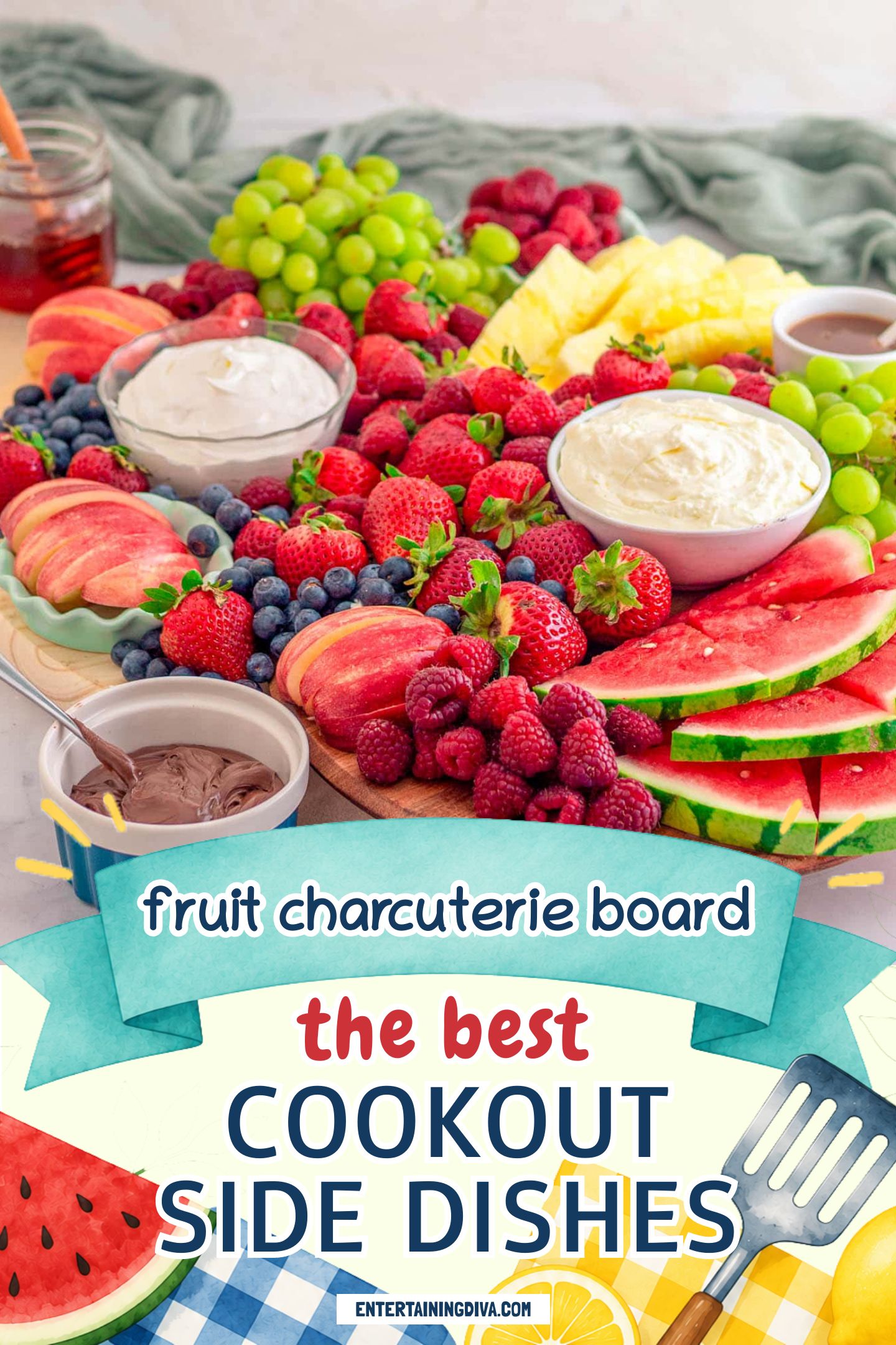 fruit charcuterie board with green grapes, strawberries, raspberries, blueberries, watermelon, pineapple and dips