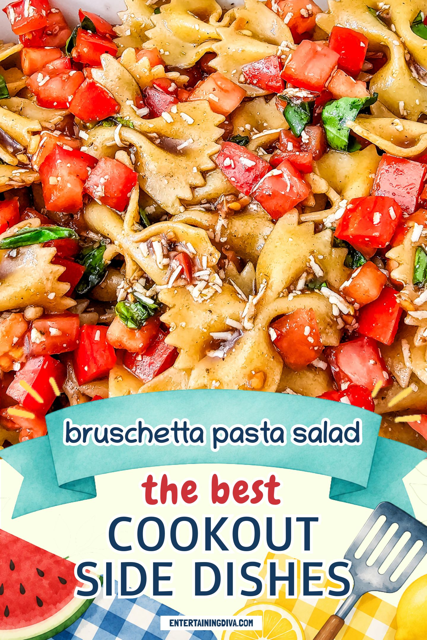 Close up of bruschetta pasta salad