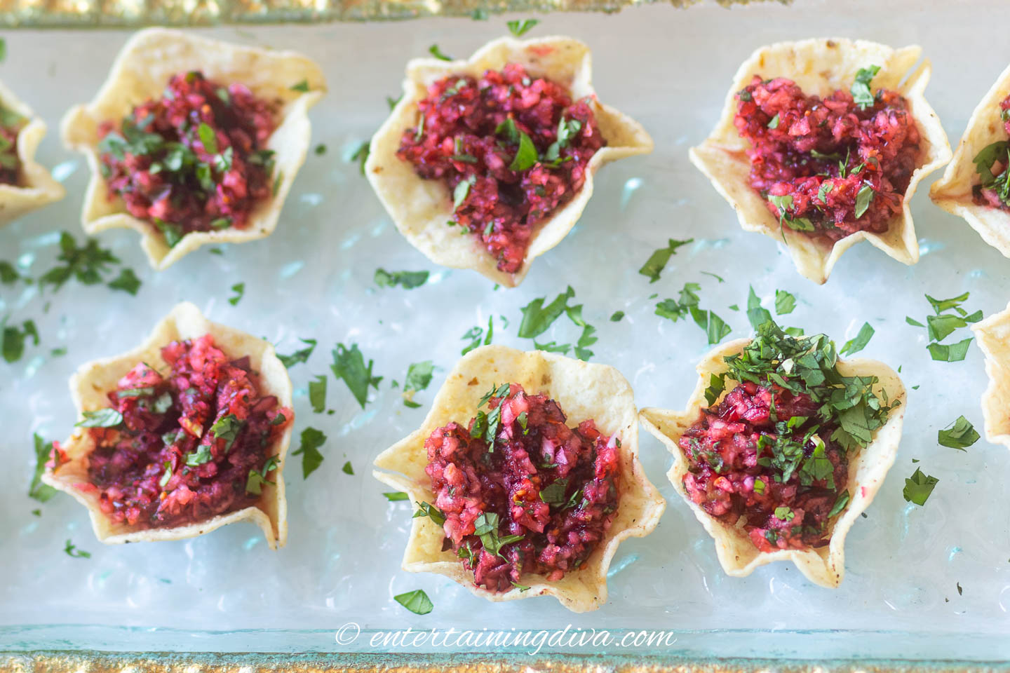 overhead of cranberry salsa bites on a tray