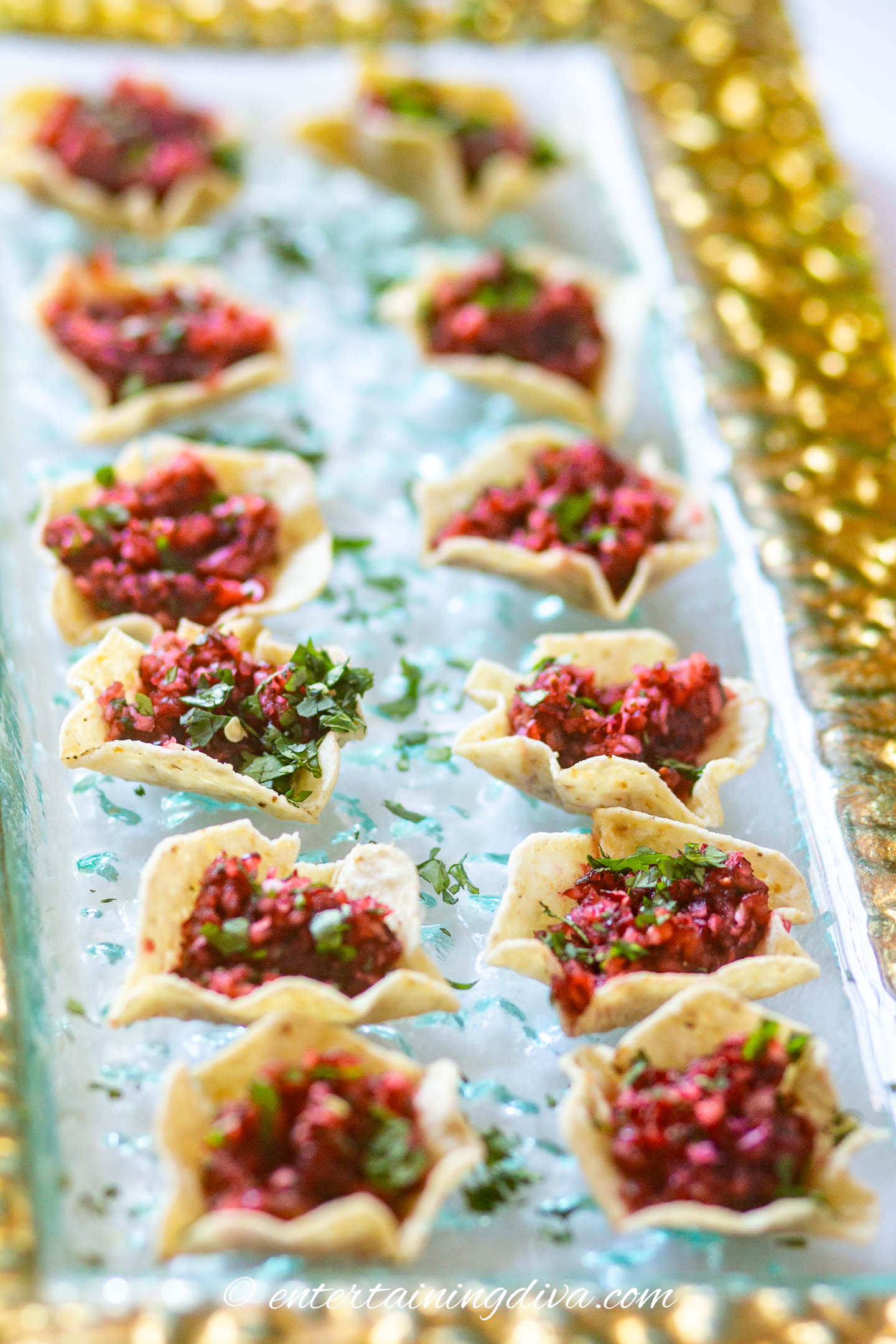 A tray of cranberry salsa bites
